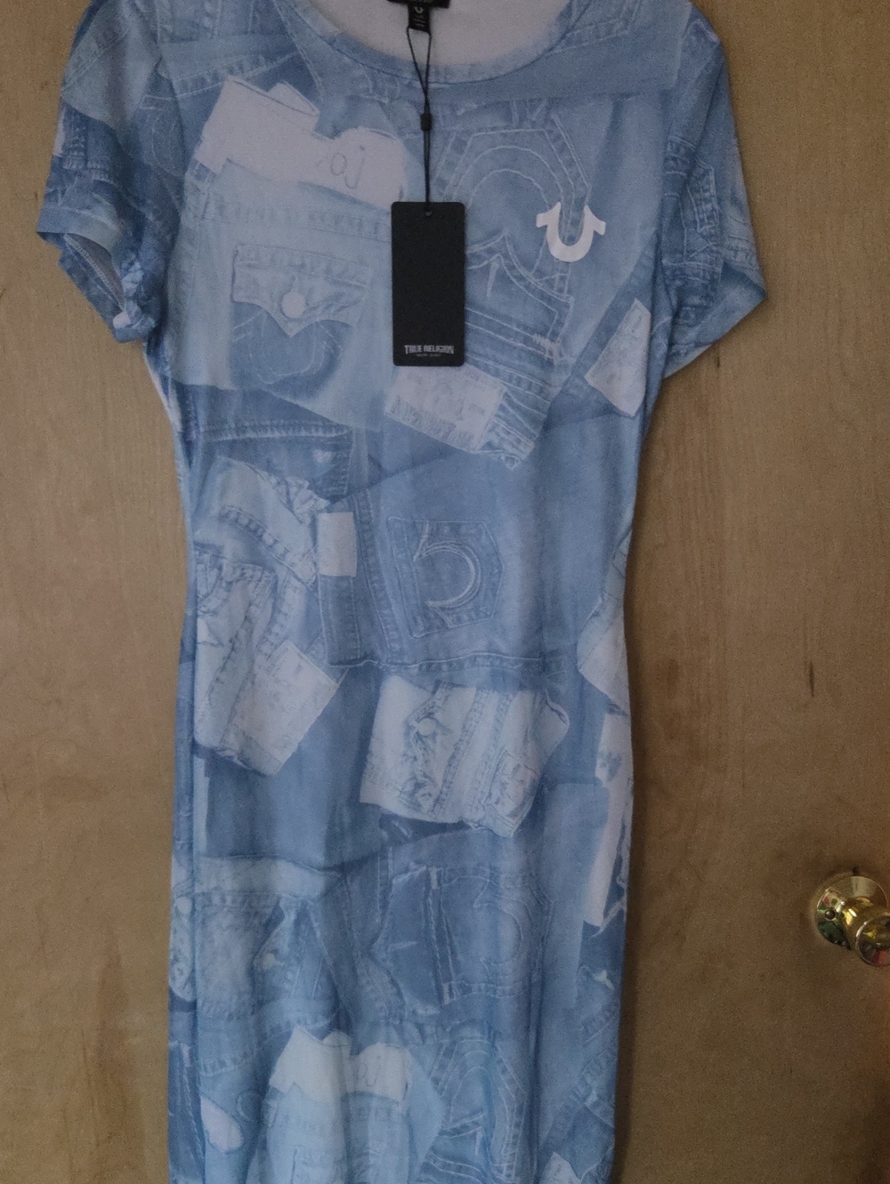 True Religion Light Blue Graphic Denim-Print Short Sleeve Tee Dress
